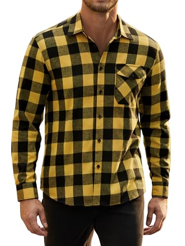 HISDERN Herren Flanellhemd Kariertes Langarmhemd Button Down Freizeithemd Regular Fit Traditionelle Holzfällerhemden Gelb 2XL von HISDERN