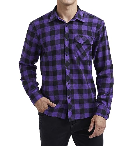 HISDERN kariert Flanellhemd für Herren,Freizeithemd,Langarm,Holzfällerhemd,Button-Down mit Vordertasche,Normale Passform Lila 2XL von HISDERN