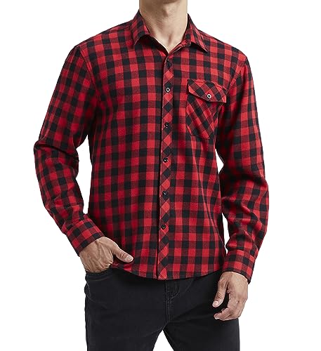 HISDERN Herren Flanellhemd Kariertes Langarmhemd Button Down Freizeithemd Regular Fit Traditionelle Holzfällerhemden Red 2XL von HISDERN