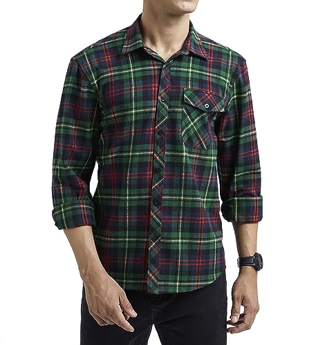 HISDERN kariert Flanellhemd für Herren,Freizeithemd,Langarm,Holzfällerhemd,Button-Down mit Vordertasche,Normale Passform Rot/Grün 2XL von HISDERN