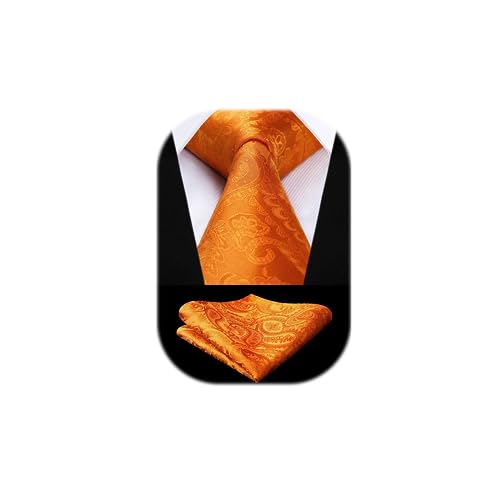 HISDERN krawatte Herren mit Einstecktuch - krawatten Extra Lange Orange Paisley Krawatte und Taschentuch Set Hochzeit Seidenkrawatte für Männer von HISDERN
