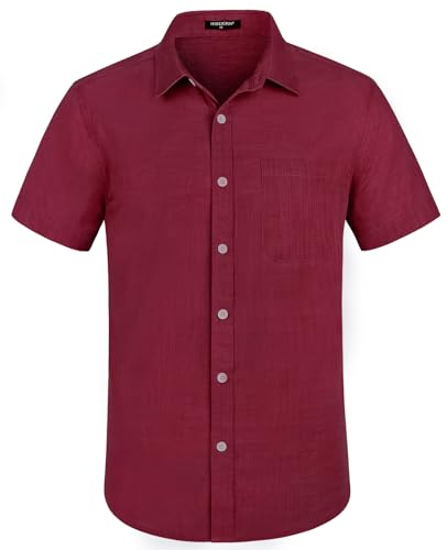 HISDERNHemd Herren Kurzarm Leinenhemd Freizeithemd Businesshemd Sommerhemd mit Brusttasche Casual Shirts Regular Fit Burgund S von HISDERN