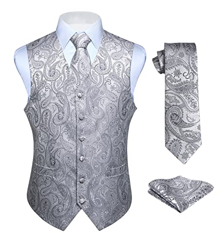 Hisdern Manner Paisley Floral Jacquard Weste & Krawatte und Einstecktuch Weste Anzug Set, Grau, Gr.-6XL (Brust 64 Zoll) von HISDERN