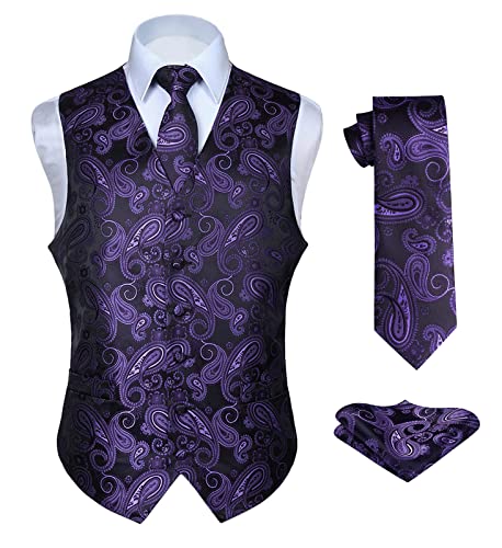 Hisdern Manner Paisley Floral Jacquard Weste & Krawatte und Einstecktuch Weste Anzug Set, Purple & Black, Gr.-5XL (Brust 60 Zoll) von HISDERN