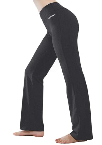 HISKYWIN Damen innere Tasche yogaHose4 Way Stretch Bauch-Steuer trainieren Laufhose, Lange Bootleg flareHosexx-Large dunkelgrau von HISKYWIN
