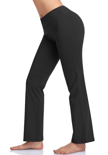 HISKYWIN Yogahose mit Innentasche, 4-Wege-Stretch, Bauchkontrolle, Workout, Laufhose, Lange Bootleg-Schlaghose, Schwarz, M von HISKYWIN