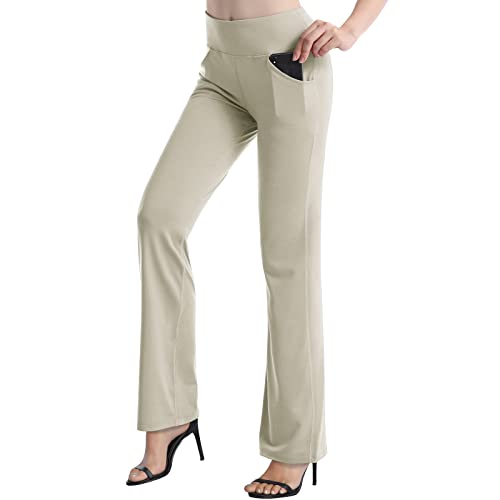 HISKYWIN Yogahose mit Innentasche, 4-Wege-Stretch, Bauchkontrolle, Workout, Laufhose, lange Bootleg Schlaghose, Vordertaschen - beige, X-Groß von HISKYWIN