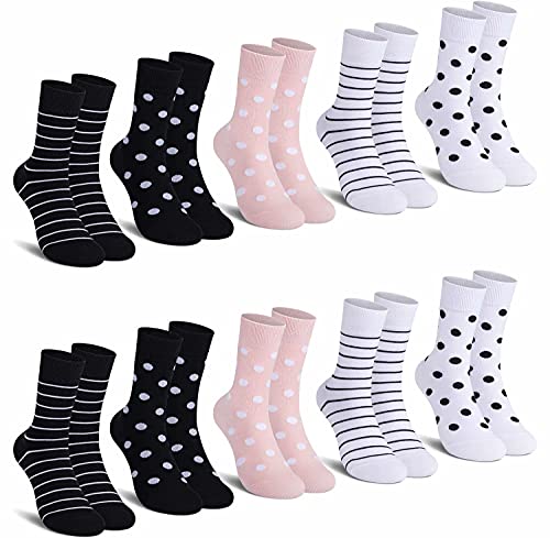HISOKOI Socken Damen 10 Paar Mehrfarbig Mit Streifen Punkte Damensocken Baumwolle Sportsocken Schwarz-Weiß,39-42 von HISOKOI