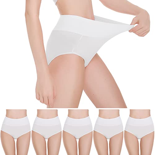 HISOKOI Unterhosen Damen 5er Pack Unterwäsche Bauchweg Baumwolle High Waist Taillenslip Weiß,XS von HISOKOI