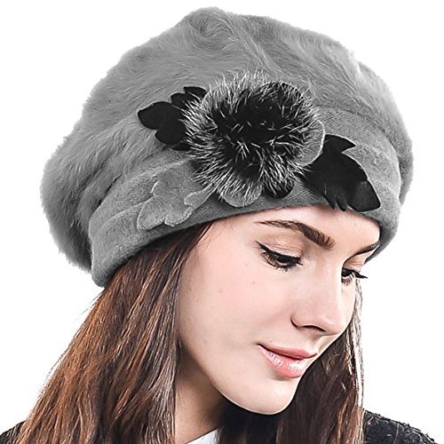 HISSHE Damen Barette Künstler Wolle Baskenmütze Angora Beanie Winter Mütze BR022 (Grau) von HISSHE