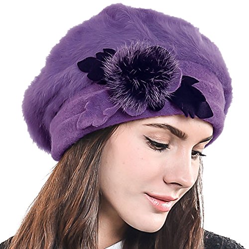 HISSHE Damen Barette Künstler Wolle Baskenmütze Angora Beanie Winter Mütze BR022 (Lila) von HISSHE