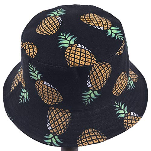 Damen Obst Drucken Reversibel Eimer Hüte Herren Sonne Fischer Draußen Mütze (Ananas-Schwarz) von HISSHE