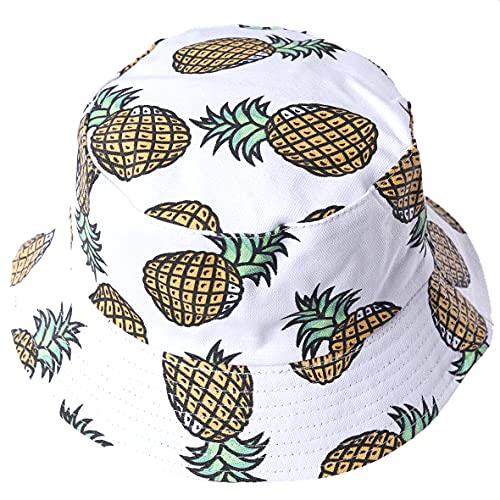 Damen Obst Drucken Reversibel Eimer Hüte Herren Sonne Fischer Draußen Mütze (Ananas-Weiß) von HISSHE