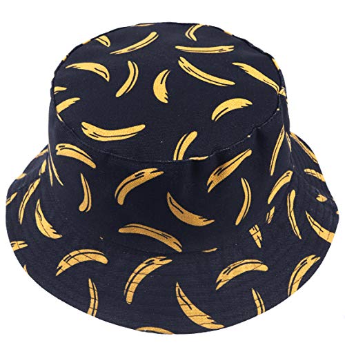 Damen Obst Drucken Reversibel Eimer Hüte Herren Sonne Fischer Draußen Mütze (Banane-Schwarz) von HISSHE