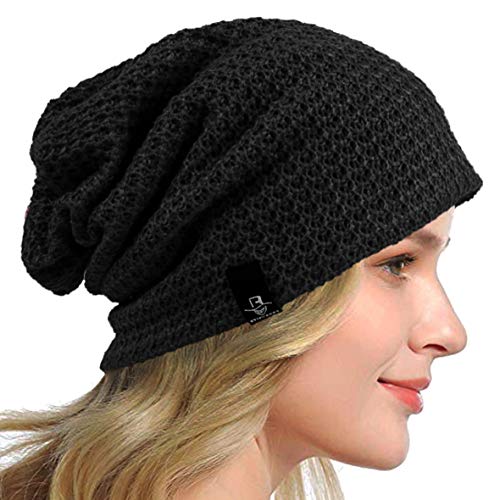 HISSHE Frauen Slouch Beanie Strickmützen Baskenmütze Skullcap Lange Baggy Winter Sommer Hüte B08w (Solide Schwarz) von HISSHE