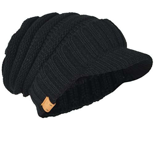 Herren Dick Knit Newsboy Cap Visier Mütze Hut Fleece Gefüttert Strickmützen B319 (Schwarz) von HISSHE