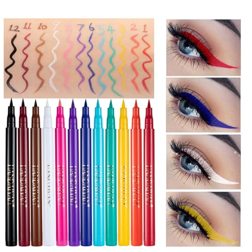 12 Farben Matte Liquid Eyeliner Set Wasserfest Farbige Flüssiger Eyeliner Wischfest Langlebiger Farbmalerei Make-up für den Täglichen Gebrauch und Halloween Weihnachten Cosplay von HISUNBEN