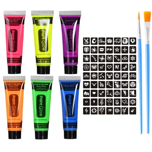 Kinderschminke Set, 6 Farben Neon UV Schminkfarben, Waschbar Face Paint Bodypaint Schminkset, Gesichtsfarben Körperfarbe mit 4 Pinsel, 63 Aufkleber (6 Farben Neon UV 14ml) von HISUNBEN