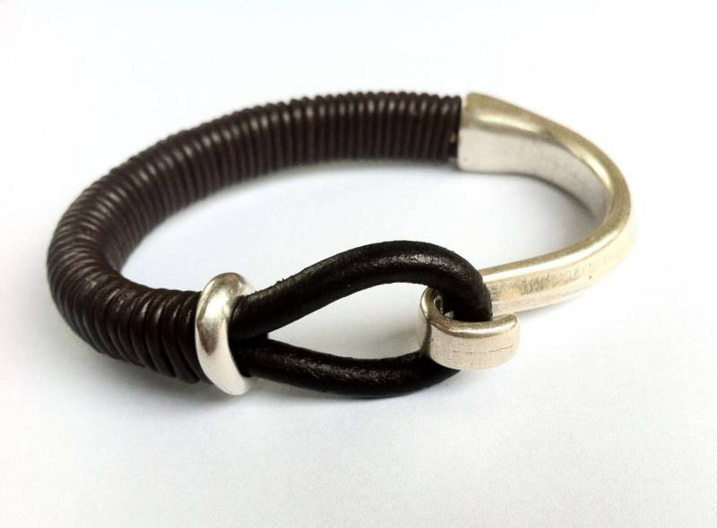 Braunes Leder Herren Armband Silber Hakenverschluss, Rustikaler Stil von HITUK