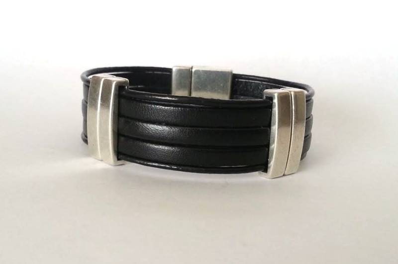 Herren Schwarz Leder Manschette Armband, Silber Verschluss, Schwarzes von HITUK