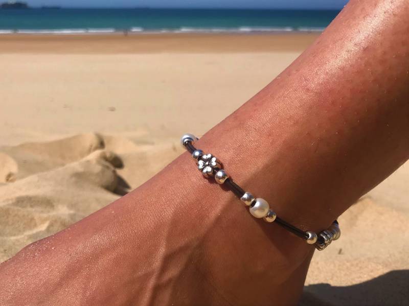 Perle Blumen Fußkettchen, Silber Zamak Boho Fußkettchen von HITUK