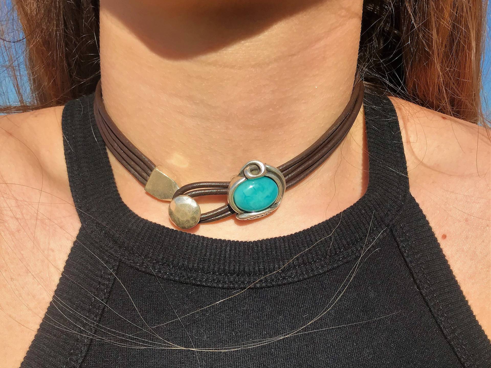 Türkis-Harz-stein-Leder-Halsband, Boho Silber Zamak Halskette von HITUK