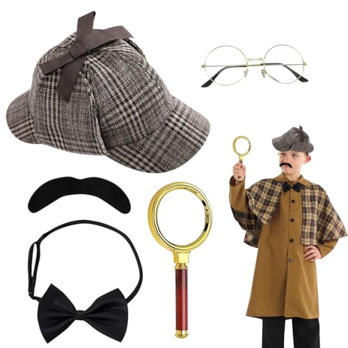 HIULLEN Detektiv Kostüm Zubehör Set, 5 PCS Sherlock Holmes Kostüm Accessoires, Detektiv Zubehör Victorian mit Detektiv Hut Brille Lupe Fliege, Detektiv Cosplay Requisiten für Cosplay KarnevalParty von HIULLEN
