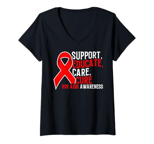 Damen Support Educate Care Cure HIV AIDS Red Ribbon HIV-Infektion T-Shirt mit V-Ausschnitt Damen Support Educate Care Cure HIV AIDS Red Ribbon HIV-Infektion T-Shirt mit V-Ausschnitt von HIV Aids Tees for women men