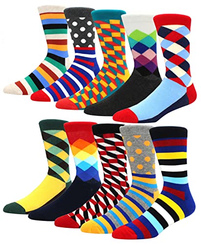 HIWEAR Mens Bunte Funky Neuheit Design Lustige Reiche Baumwolle Komfort Kleid Crew Socken Pack (Standard, NEW-Funky8) von HIWEAR