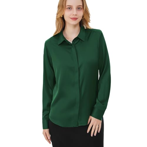 Damen Satin Bluse Mode Langarm Satin Seide Hemd Arbeit Büro Top Freizeithemd, Grün , Klein von HIYIRUI
