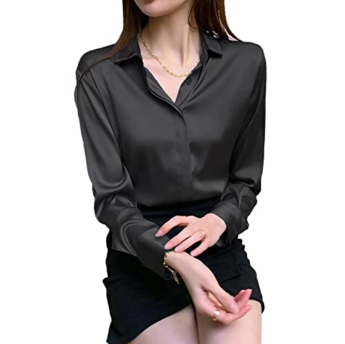 Damen Satin Bluse Mode Langarm Satin Seide Hemd Arbeit Büro Top Freizeithemd, Schwarz, XX-Large von HIYIRUI