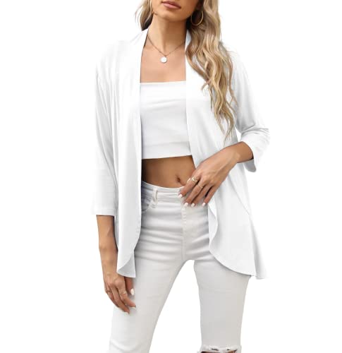 HIYIYEZI Damen Casual Leichte Open Front Cardigan Weich Draped Rüschen 3/4 Ärmel Cardigan, A-02 Weiß, X-Groß von HIYIYEZI