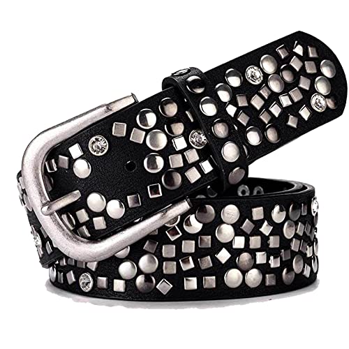 Spaltleder PU Nietengürtel Mode Strass Damen Rock Strap für Jeans, Schwarz , 110 cm von HIYOPY