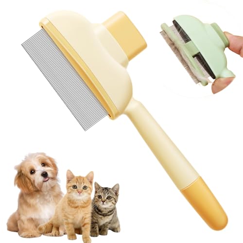 Fellblitz-BüRste, Selbstreinigender Flohkamm HaustierbüRste, Flohkamm für Katzen, Kamm zur Entfernung von Tierhaaren mit Langen Und Kurzen MetallzäHne, Ein-Knopf-Reinigung (Gelb, B) von HItianya