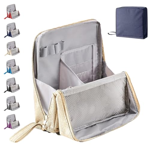 Multi-Purpose Large Capacity Oxford Cloth Standing Makeup Bag, Tragbarer Canvas-Organizer mit Mehreren Fächern, Vertikale Reise-Make-up-Tasche für Kosmetik und Schreibwaren (Beige) von HItianya