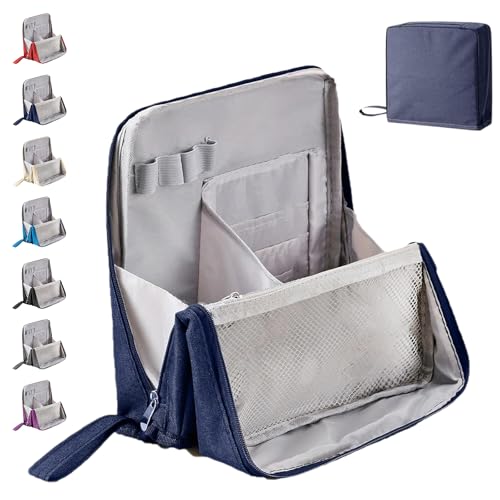 Multi-Purpose Large Capacity Oxford Cloth Standing Makeup Bag, Tragbarer Canvas-Organizer mit Mehreren Fächern, Vertikale Reise-Make-up-Tasche für Kosmetik und Schreibwaren (Marineblau) von HItianya