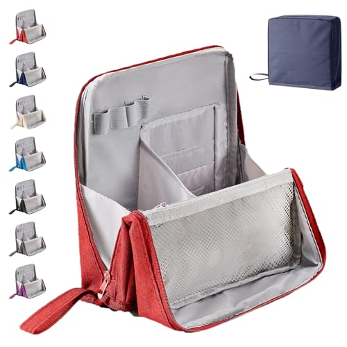 Multi-Purpose Large Capacity Oxford Cloth Standing Makeup Bag, Tragbarer Canvas-Organizer mit Mehreren Fächern, Vertikale Reise-Make-up-Tasche für Kosmetik und Schreibwaren (Rot) von HItianya
