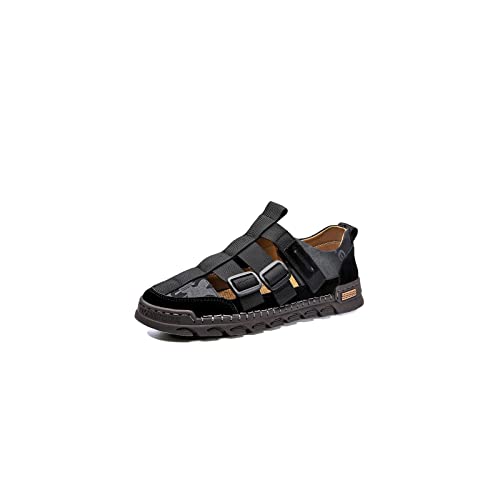 HJBFVXV Herrensandalen Leather Men Sandals Casual Shoes Buckle Hook and Loop Comfortable Breathable Outdoor Sandals Summer (Color : Black, Size : 44 EU) von HJBFVXV