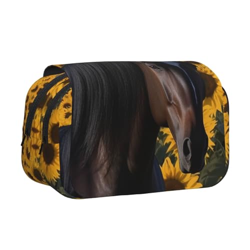 HJBNW Federmäppchen, Motiv: dunkles Pferd unter den Sonnenblumen, mehrere Fächer, großes Fassungsvermögen, tragbare Make-up-Tasche für Männer und Frauen HJBNW Federmäppchen, Motiv: dunkles Pferd unter den Sonnenblumen, mehrere Fächer, großes Fassungsvermögen, tragbare Make-up-Tasche für Männer und Frauen von HJBNW