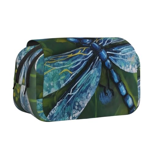 HJBNW Handbemaltes blaues Libellen-Federmäppchen mit mehreren Schlitzen, großes Fassungsvermögen, tragbare Make-up-Tasche für Männer und Frauen von HJBNW