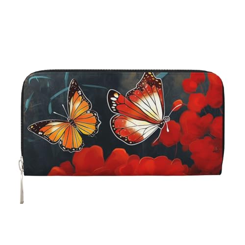 Ledergeldbörse für Damen, lange Geldbörse, rote Blumen und Schmetterlinge, Damen-Geldbörse, Clutch mit 8 Kreditkartenfächern, Münzfach, schwarz, Einheitsgröße, lässig, Schwarz , Einheitsgröße, Casual von HJBNW