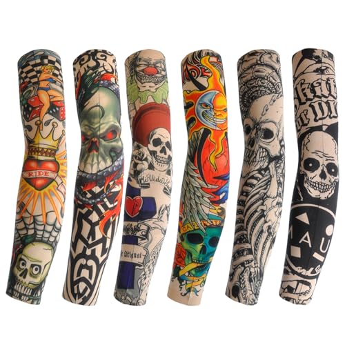6 Stück Fake Tattoo,Tatoo ärmel Herren,Männer Set,Sleeve Kinder Outdoor UV Schutz,Gefälschte Sonnencreme Armlinge,Armstrumpf Strumpf Temporäre Tätowierung für Rockstar Kostüm Karneval,Fasching Party von HJDJBD