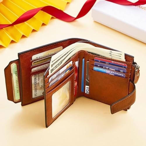 HJDQMDHA Geldbörse Kuhspannwalletasche Kleiner und tragbarer Kartenhalter RFID Blockierende Vintage einfache Münzbaus 18 Kartenschlitze Unisex Münzen Tasche Privat von HJDQMDHA