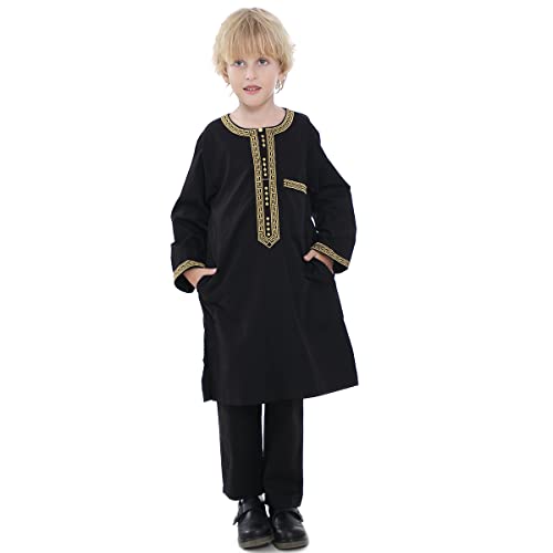 HJFYIZYNN Jungen Muslimischer Rundkragen Langarm Ramadan Bademantel Anzug, Schwarz, 150 cm von HJFYIZYNN