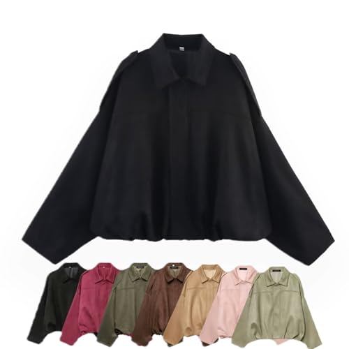 Bomberjacke für Damen, Wildlederjacke Damen Kurz, Kunstwildleder Pilotenmantel mit Reißverschluss, Streetwear Winterjacke für Übergangszeit (DE/NL/SE/PL, Alphanumerisch, L, Regular, Regular, Schwarz) von HJJH