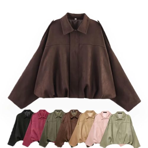 Bomberjacke für Damen, Wildlederjacke Damen Kurz, Kunstwildleder Pilotenmantel mit Reißverschluss, Streetwear Winterjacke für Übergangszeit (DE/NL/SE/PL, Alphanumerisch, M, Regular, Regular, Kaffee) von HJJH