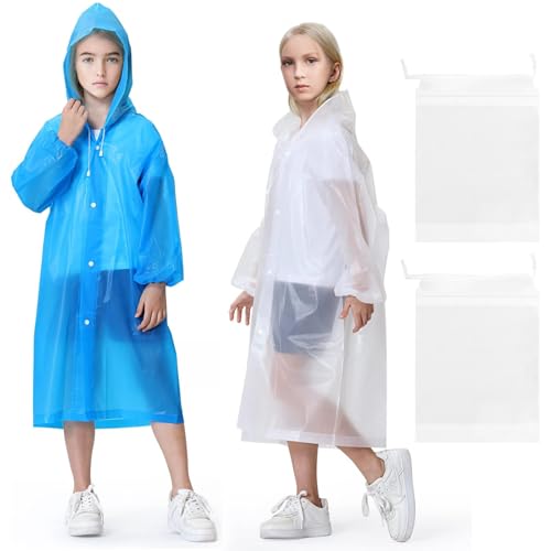 2Stks Transparent Kinder Regenmantel, Wiederverwendbarer EVA Kinder Regenponcho, Wasserdichter Kinder Regenumhang, Jungen Mädchen Regenbekleidung mit Kapuze 2 Beuteln mit Kordelzug für 5-12 Jahre von HJJMN