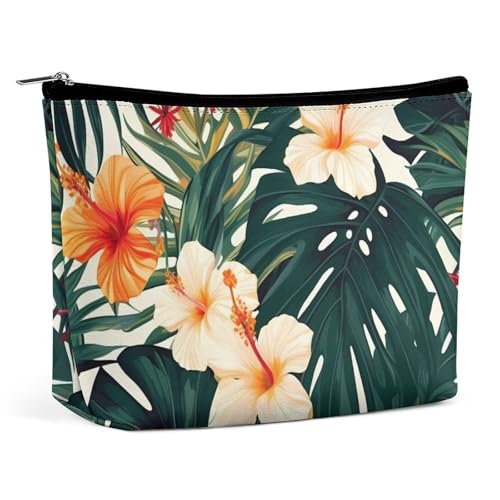 HJKBCV Hawaiianische Blume Palmenblätter PU Leder Reise Make-up Tasche Mini Tasche Kosmetiktasche für Frauen Tragbare Handtasche Verschluss Organizer Make-up Fall Kulturbeutel Stil Einheitsgröße, von HJKBCV