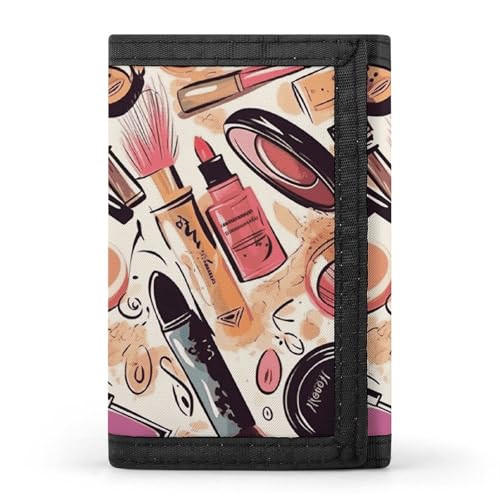 HJKBCV Kosmetik- und Make-up-Themenmuster, dreifach gefaltete Geldbörse, Kreditkartenbörse, tragbar, Outdoor-Sport, Geldbörse, Münzgeldbörse mit Ausweisfenster für Männer und Frauen, Stil, von HJKBCV