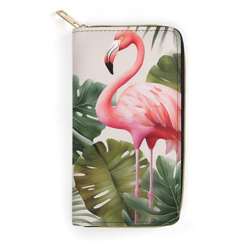 HJKBCV Ledergeldbörse für Damen und Herren, Flamingo, Palmen, Blatt, schmale Geldfaltbörse, Kreditkartenfach mit Reißverschluss, wasserdicht, lange Geldbörse für Geschenk, Arbeit, Reisen, Alltag, von HJKBCV